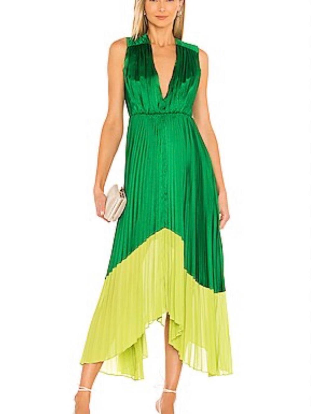 AMUR Green and Lime Two-Tone Pleated High-Low Dress